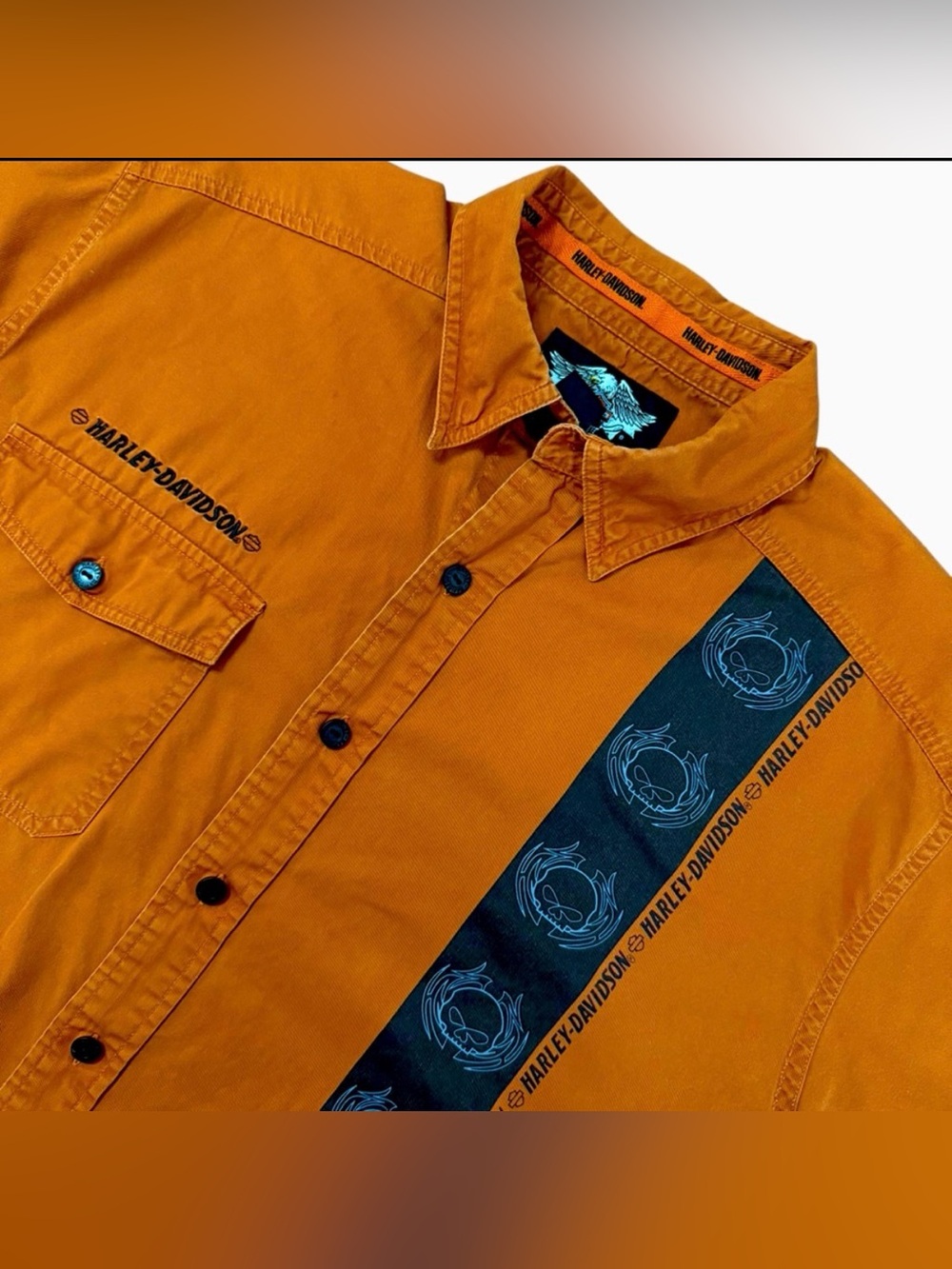 HARLEY DAVIDSON VINTAGE MENS ORANGE SHORT SLEEVE BUTTON DOWN SKULLS SHIRT LARGE